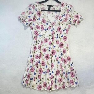 Forever 21 Floral Button-Front Mini Dress – White Pink Blue Babydoll Ruffle